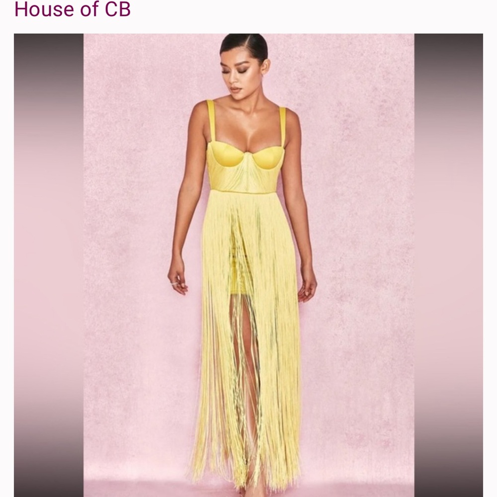 HOUSE OF CB 'Emee' Acid Yellow Satin Fringe Dress/Size M-US 6-8. Chartreuse